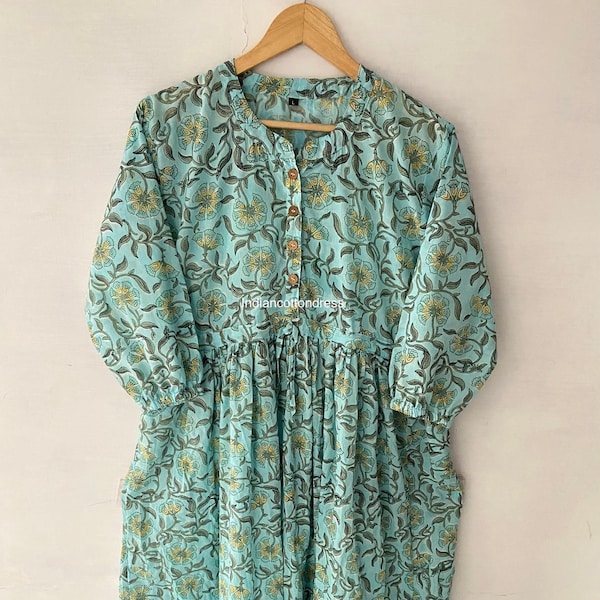 Deep Neck Block Print Floral Dress, Collared Dresses, Handblock dresses, Block Print Dresses, Cotton Dresses, Floral Dresses