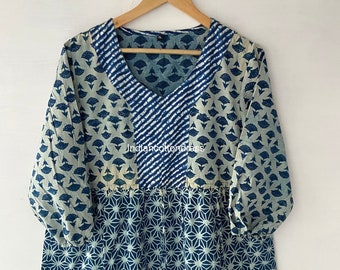 Damen Kleid Indigo Blockprint Baumwolle, Handgemachtes Kleid, Sketer Kleid, Flapper Kleid, Blusen Kleid, langes und kurzes Kleid