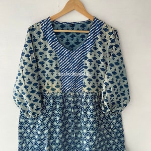 Women&#39;s Dress indigo block Print Cotton Dress,Handmade Dress ,Sketer Circle Dress, Flapper Dress, Blousen Dress,Long And Short Dress