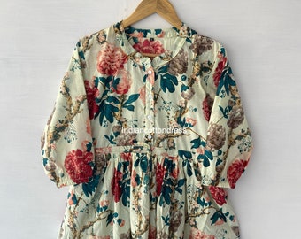 block print Multi floral bohemian mini maxi dress - henley neckline with cotton ties mini maxi dress - summer 3/4th sleeve mini maxi dress