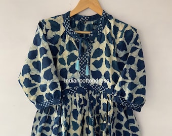 Vestido de algodón con estampado de bloque índigo de talla grande, vestido hecho a mano, vestido de círculo de Sketer, vestido Flapper, vestido de blusa, vestido largo y corto