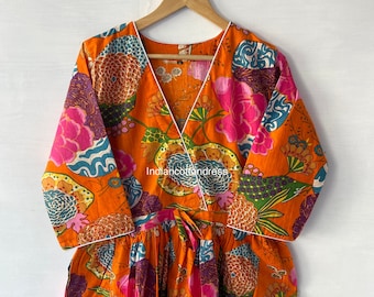 Vestido indio, estampado de bloques índigo, vestido de algodón hecho a mano, vestido de círculo Sketer, vestido estilo flapper y vestido estilo blusa, vestido largo