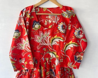 Red Flower Cotton Dresses, indigo blue floral printed cotton long summer maxi dress block print pink floral bohemian maxi dress