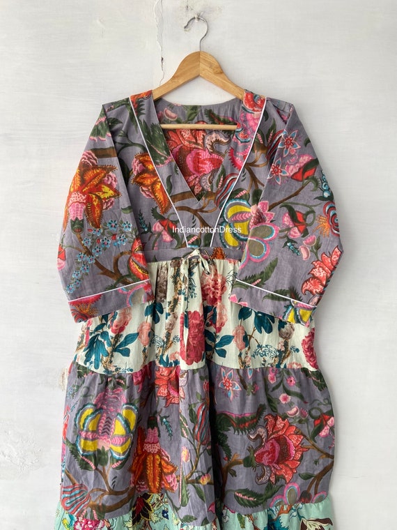 New Patchwork Print Cotton Dress, Summer wear Dress , Picnic wear Dress, Gown and maxi Dress, soft cotton Dress, Dressing Gown Dress , Gray