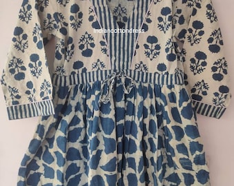 Indigo bedrucktes Kleid Frauen Kleid Handdruck Kleid, Baumwollkleid, Blockprint-Kleid, Baumwoll-Blockkleid, Frauenkleid, Florales Sommerkleid