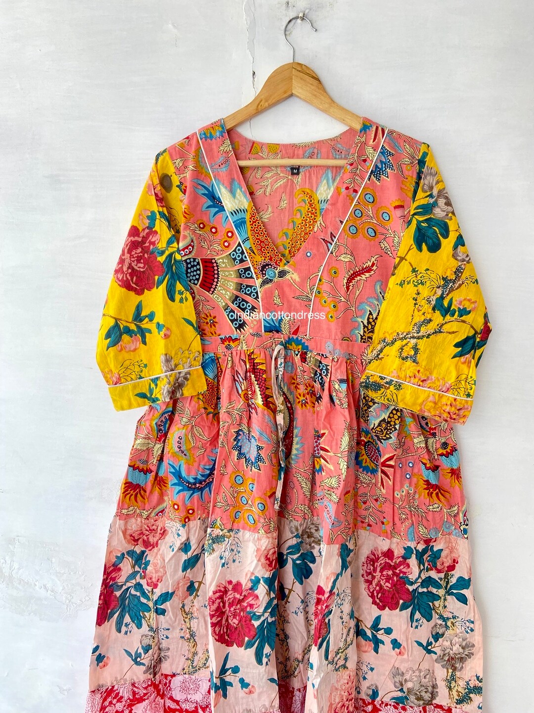 Urbann-Vibe Patchwork Cotton Dress With V Neck Ruffles For Women Effortless Boho Chic Maxi main image 0