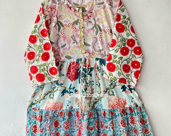 Patchwork Blockprint Baumwollkleid , Freizeitkleid, Maxikleid, Sommerkleid, Boho- und Hippiekleid