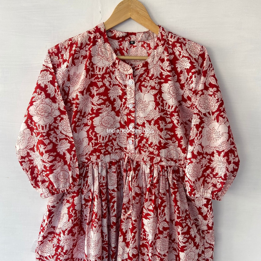 Red Handloom Cotton Tiered Pocket Dress
