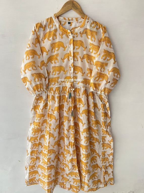 Lion Printed Dress, Handblock Dress, Block Print Dress, Cotton Dress, Handmade Cotton Dress, Leopard Print Dress