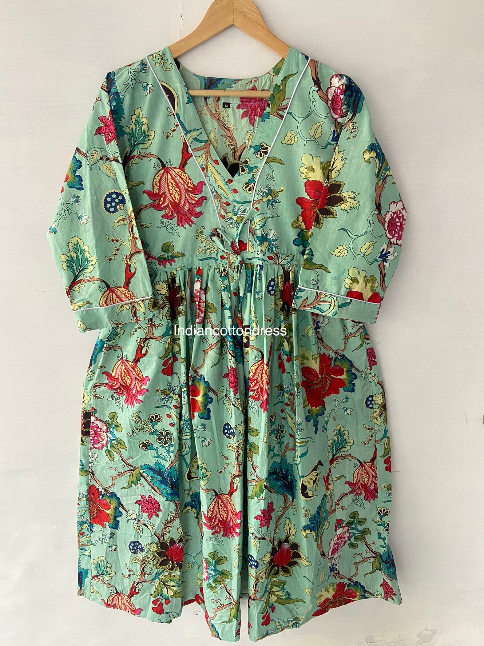 Floral Handblock Print Baumwolle Kleid, Handgemachtes Kleid Sketer Circle Kleid, Flapper Kleid, Blusenkleid, Langes Und Kurzes Kleid