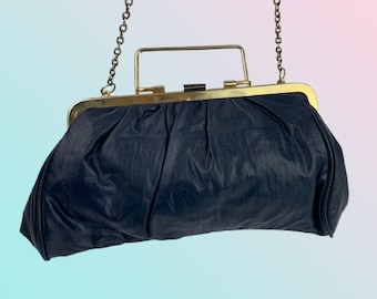 Convertible Clutch Bag | Vintage Shoulder Bag | Vinyl Blue | Light gold-tone metal frame | Silver chain strap | Rare to find