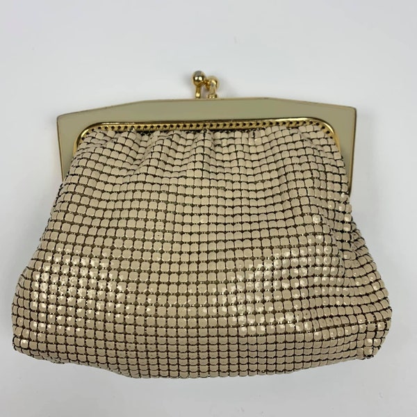 Glomesh | 1970s | Beige and gold tone Bag | Coin Metal Mesh Purse | Kiss clasp |  Made in Australia | Wedding purse | Rare to find