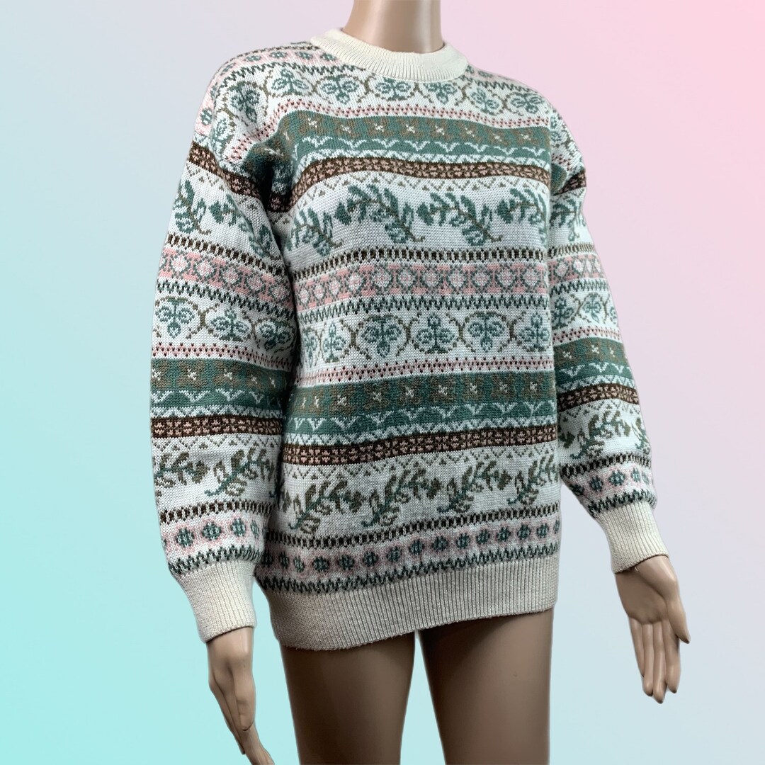 Hopscotch Melbourne 1980's Vintage Knit Jumper Geometric and Floral  Patterned Sweater Fair Isle Knit Multi-coloured Rare to Find 