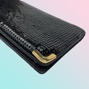 Gold Crest | 1970's | Vintage Clutch | Black and Gold Tone Metal Mesh | Evening Disco Bag | Made in Hong Kong