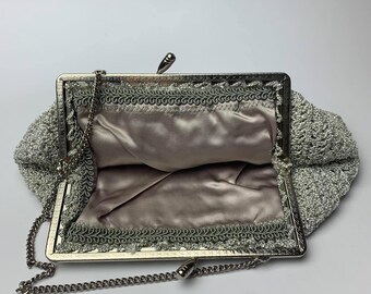 Vintage 1950s Crochet Evening Bag Full lining Silver tone chain