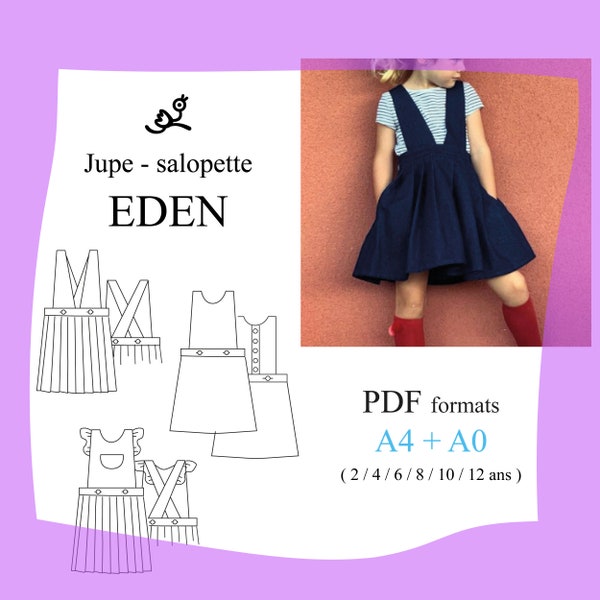 EDEN jupe-salopette, robe, Pdf patron digital format A4 + A0 noir et blanc. Tailles 2 à 12ans