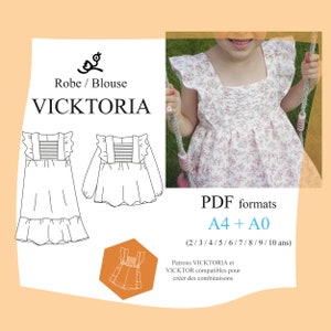 Könnte beinhalten: Eine Schwarzweiß-Zeichnung eines Kleides und einer Bluse mit Rüschen. Der Text "Robe / Blouse VICKTORIA" befindet sich über den Zeichnungen. Der Text "PDF-Formate A4 + A0 (2/3/4/5/6/7/8/9/10 Jahre)" befindet sich unter den Zeichnungen. Der Text "Schnittmuster VICKTORIA und VICKTOR kompatibel für die Erstellung von Kombinationen" befindet sich unter dem Text über die PDF-Formate.