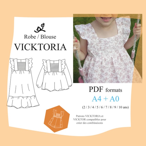 Patron pdf Robe/Blouse VICKTORIA , format A4 + format A0 N&B à imprimer. Toutes les tailles du 2 au 10 ans