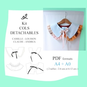 Puede incluir: Un patrón de descarga digital para cuellos desmontables en dos tallas: 2-6 años y 6-12 años. El patrón incluye cuatro estilos de cuello diferentes, incluyendo un cuello clásico Peter Pan, un cuello con volantes y un cuello chal. El patrón está disponible en formato PDF en tamaños A4 y A0. La imagen muestra un cuello blanco con una cinta rosa y un estampado floral.
