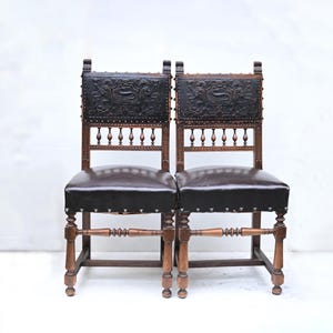 Antique Carved Wooden Chairs – Set of 2, Vintage Leather Upholstered Dining Chairs | Ornate Baroque Style Seating.