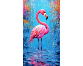 Digital art, pink flamingo on the water, sun setting.