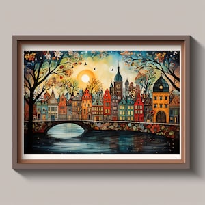 Arte digital con la ciudad de Amsterdam en Holanda, hermosa imagen del paisaje holandés con hermosas casas y canales de colores.