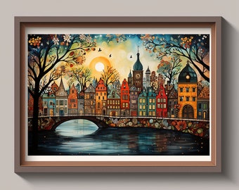 Digital art with Amsterdam city in Holland, beautiful picture of Dutch landscape with beautiful colored houses and canals.