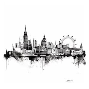 Digital art, Black & white painting of London city, sketch loose strokes.