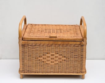 Vintage large Sewing Basket, Wicker Storage Chest . Rattan Organizer Box with Handles.