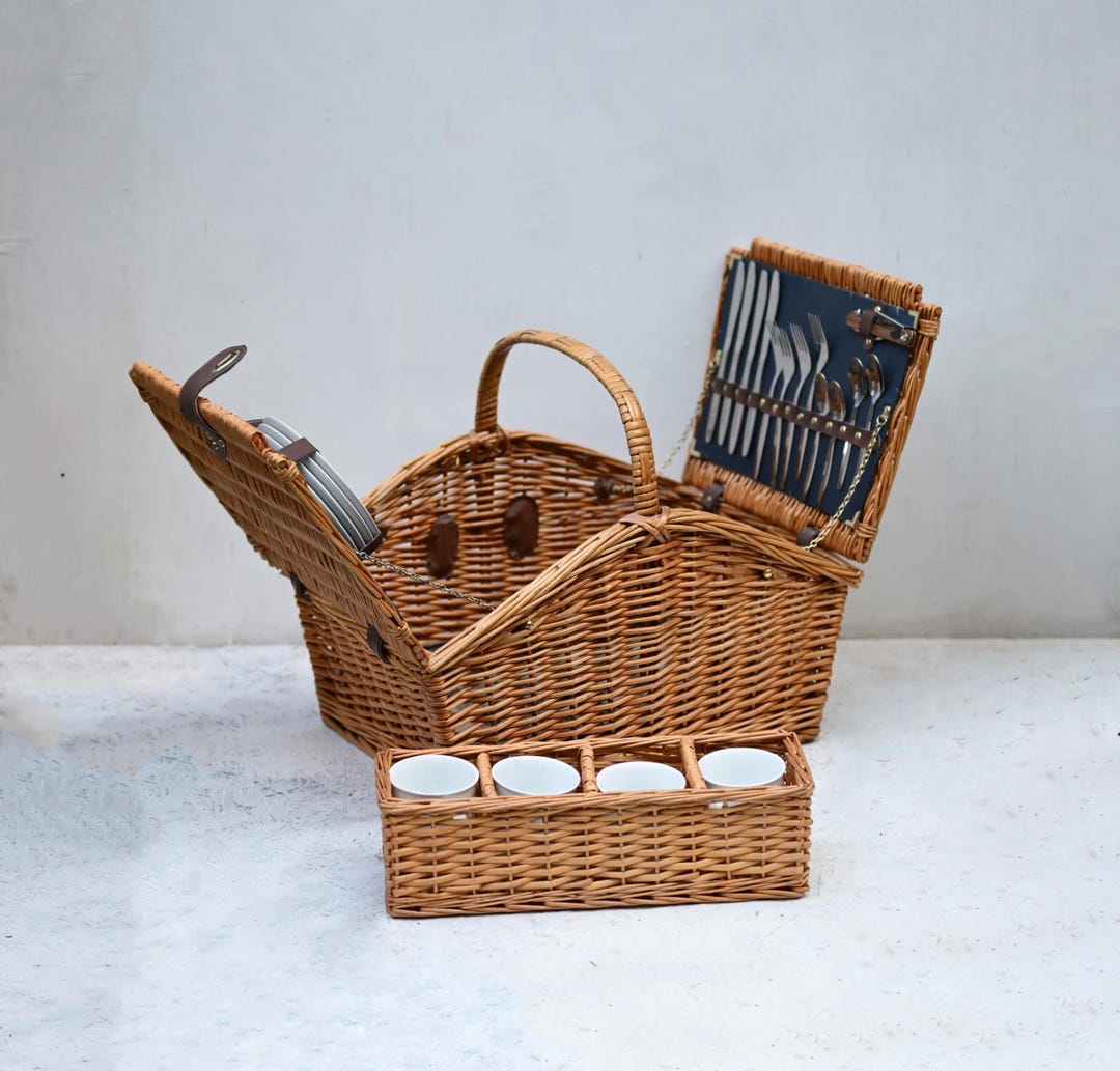 Large Wicker Picnic Basket – Complete for 4 People With Porcelain ...