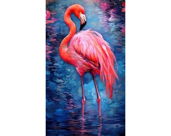 Digital art, pink flamingo on the water, sun setting.