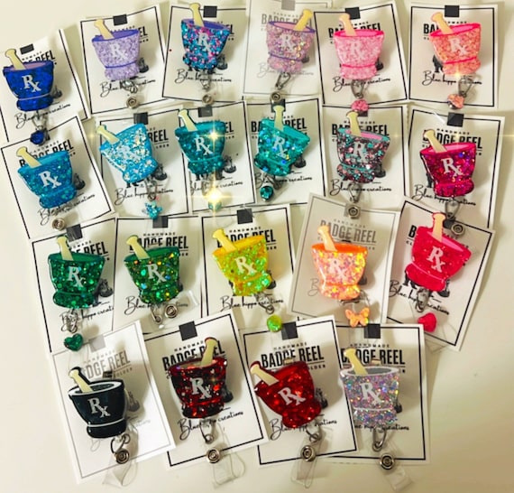 Glitter Pharmacy Badge Reel | Mortar and Pestle, Rx Badge