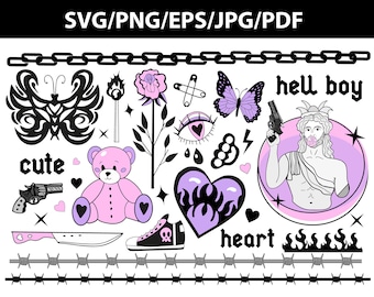 Cute emo goth set y2k vector svg,png clip art