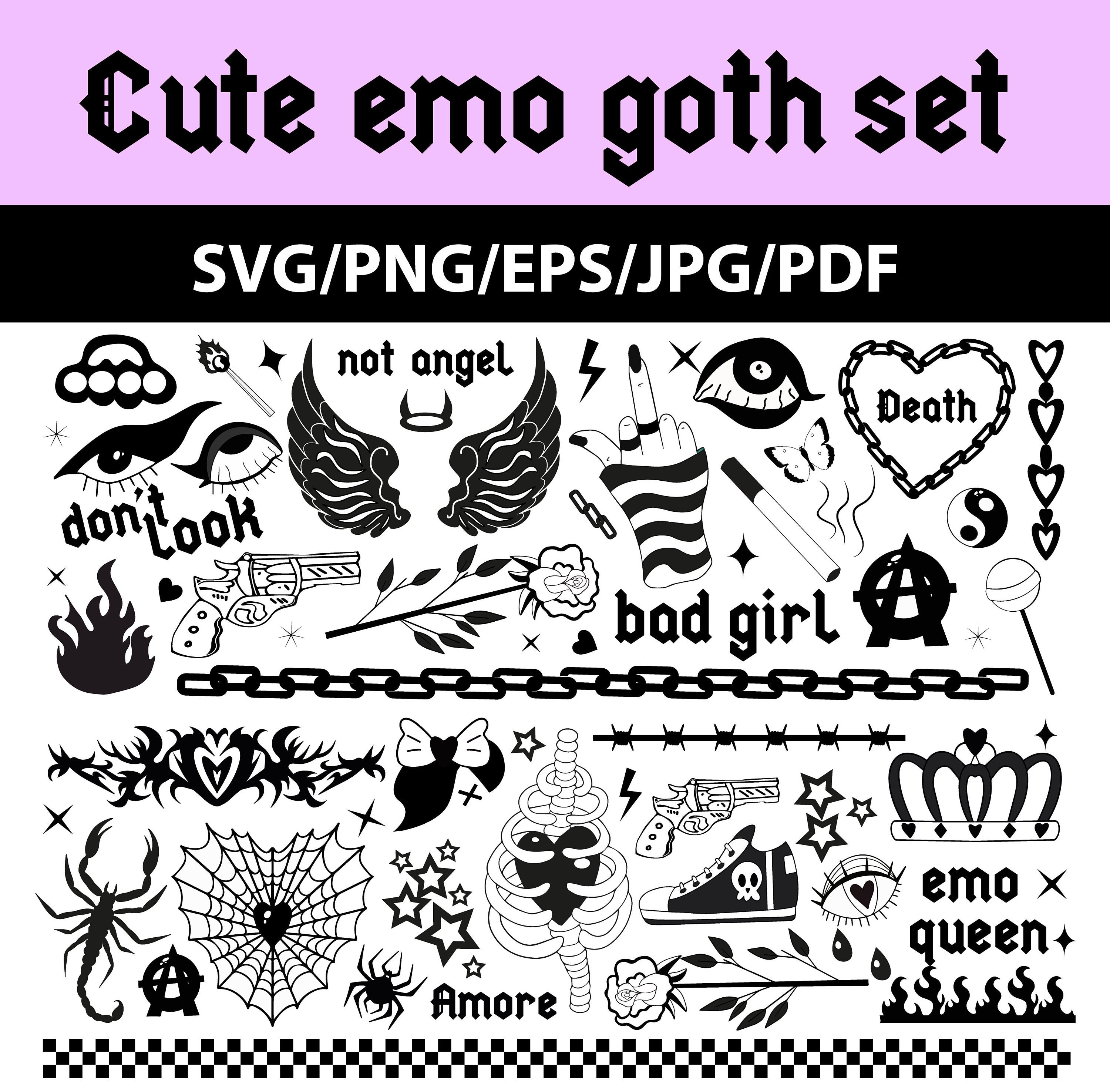 Cute emo goth anarchy tattoo set y2k vector svg,png clip art