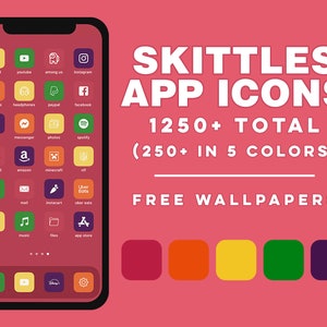 Könnte beinhalten: Ein Screenshot eines Telefons, auf dem verschiedene App-Symbole in einem Raster angezeigt werden. Die Symbole sind in fünf Farben gehalten: Rot, Orange, Gelb, Grün und Lila. Der Text "SKITTLES APP ICONS" wird über dem Raster der Symbole angezeigt. Der Text "1250+ TOTAL (250+ IN 5 COLORS)" wird unter dem Raster der Symbole angezeigt. Der Text "FREE WALLPAPERS" wird unter dem Text über die Gesamtzahl der Symbole angezeigt. Fünf farbige Quadrate werden unter dem Text "FREE WALLPAPERS" angezeigt. Die Quadrate sind rot, orange, gelb, grün und lila.