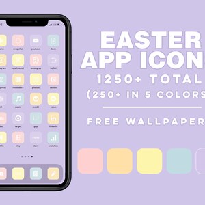 May include: A phone screen displaying a grid of app icons in pastel colours. The icons are arranged in a grid pattern and feature a variety of popular apps. The phone screen is surrounded by a white border. The text "EASTER APP ICONS 1250+ TOTAL (250+ IN 5 COLOURS) FREE WALLPAPERS" is displayed above the phone screen. Below the phone screen are five squares in pastel colours: pink, orange, yellow, blue, and purple.