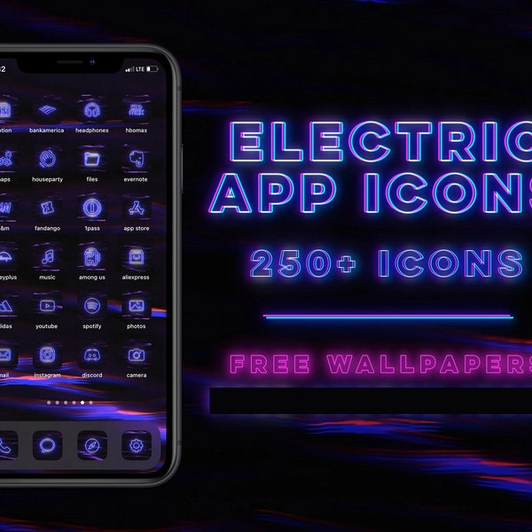 Electric iPhone Icons 250 Bundle Free Wallpapers iOS14 App Shortcuts Glitch Theme Dark Mode Neon Purple Custom Screen Social Media App Icons