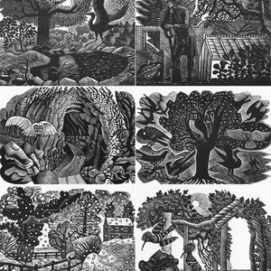 May include: A black and white woodcut print depicting four scenes of a garden throughout the year. The top left shows a crane flying over a pond, the top right shows a man digging in the garden, the bottom left shows an owl in a cave, and the bottom right shows a bird perched on a branch.
