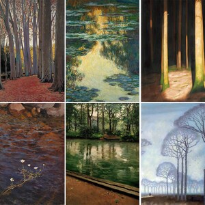 May include: A collage of six paintings depicting various woodland scenes. The top row shows a forest path with red leaves, a pond with lily pads, and a sunlit woodland with tall trees. The bottom row shows a stream with rocks, a pond with reflections, and a misty woodland with tall trees.