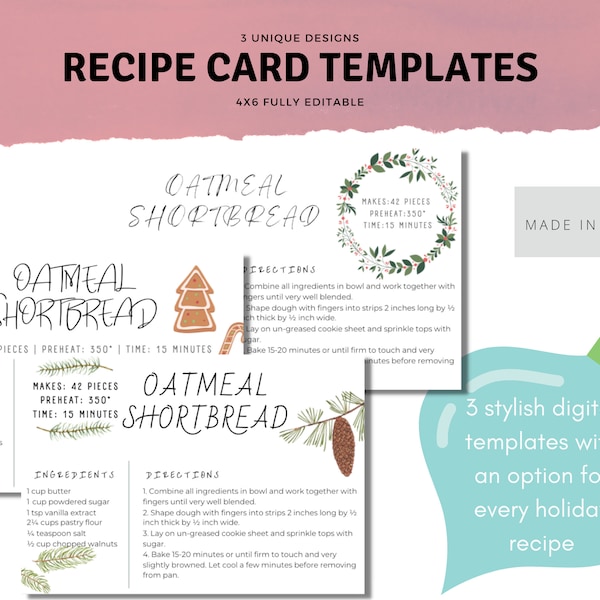 Holiday Recipe Template | Recipe Card Template | Printable Recipe Card | Heirloom Recipe |  Editable Recipe Card Template | Christmas Recipe