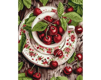 Fresh Cherries - paint by number kit with FRAME! Color by numbers kit. Adult coloring kit. Paint by numbers for adults. Made IN UKRAINE