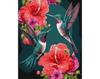 Emerald Hummingbirds - Paint by Number KIT with Frame and metallic paints! Adult coloring kit. Paint by numbers for adults