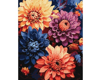 Kit de pintura por números de dalias coloridas con marco. Kit de flores para colorear por números. Kit de flores para adultos. Pintura moderna por números.