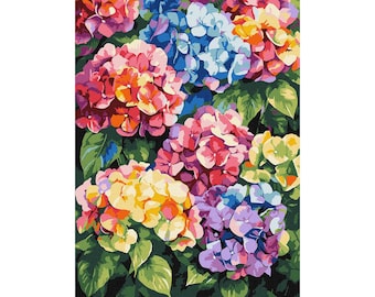 Multicolored Hydrangeas - Paint by Number KIT with Frame! Flower Color by numbers kit. Floral adult coloring kit. Modern paint by number.
