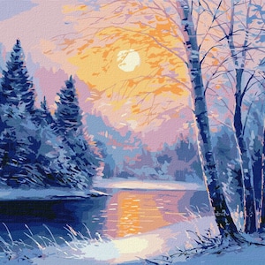 Winter Evening - paint by number kit with frame! Adult coloring kit. Landscape modern paint by number. Paint by numbers for adults