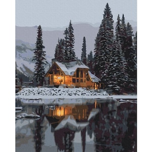 Snowy Night - paint by number kit with Frame! Color by numbers kit. Adult coloring kit. Modern paint by number. Paint by numbers for adults
