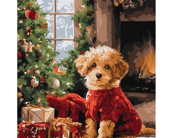 Christmas Tree Puppy - paint by number kit with Frame! Color by numbers kit. Adult coloring kit.  Made in Ukraine