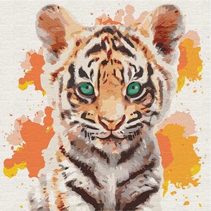 Little Tiger paint by numbers kit with FRAME. Color by numbers kit. Adult coloring kit. Nursery Modern paint by number.