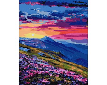 Sunset In The Mountains - paint by number kit with frame! Adult coloring kit. Nature modern paint by number. Paint by numbers for adults