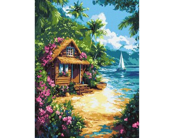 House In The Tropics - paint by number kit with frame! Adult coloring kit. Landscape modern paint by number. Paint by numbers for adults